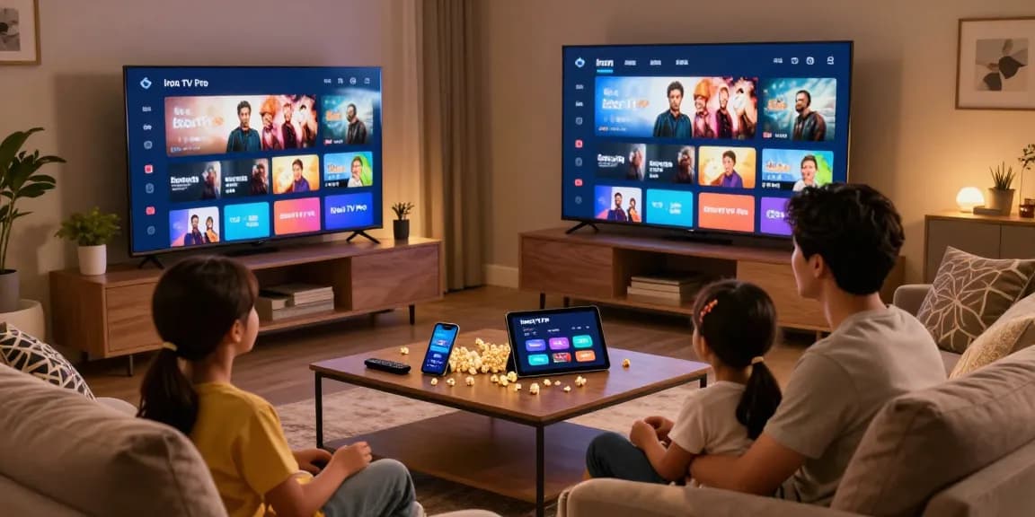 Abonnement Iron tv pro avec diffusion sur deux écrans dans un salon convivial.