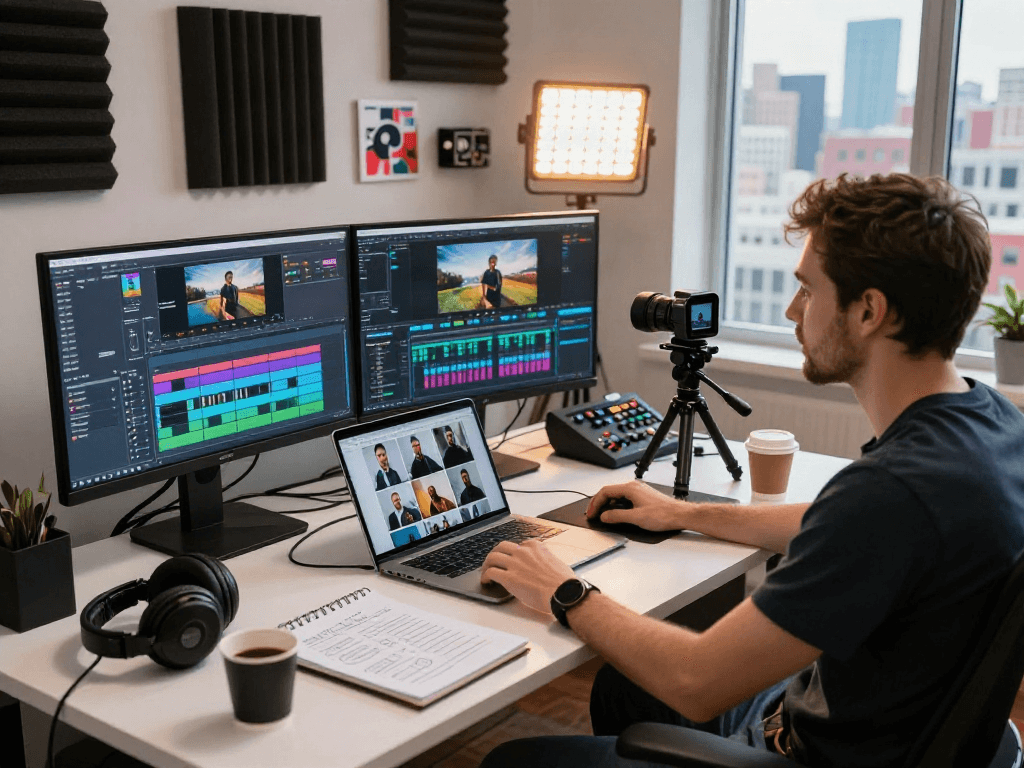 Éditeur de vidéo au travail avec équipement Atlas pro dans un bureau moderne