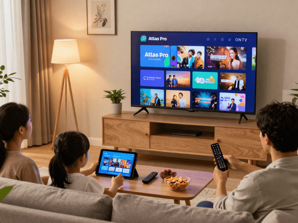 Expérience divertissante avec atlas pro premium dans un salon moderne avec une famille profitant d'IPTV.