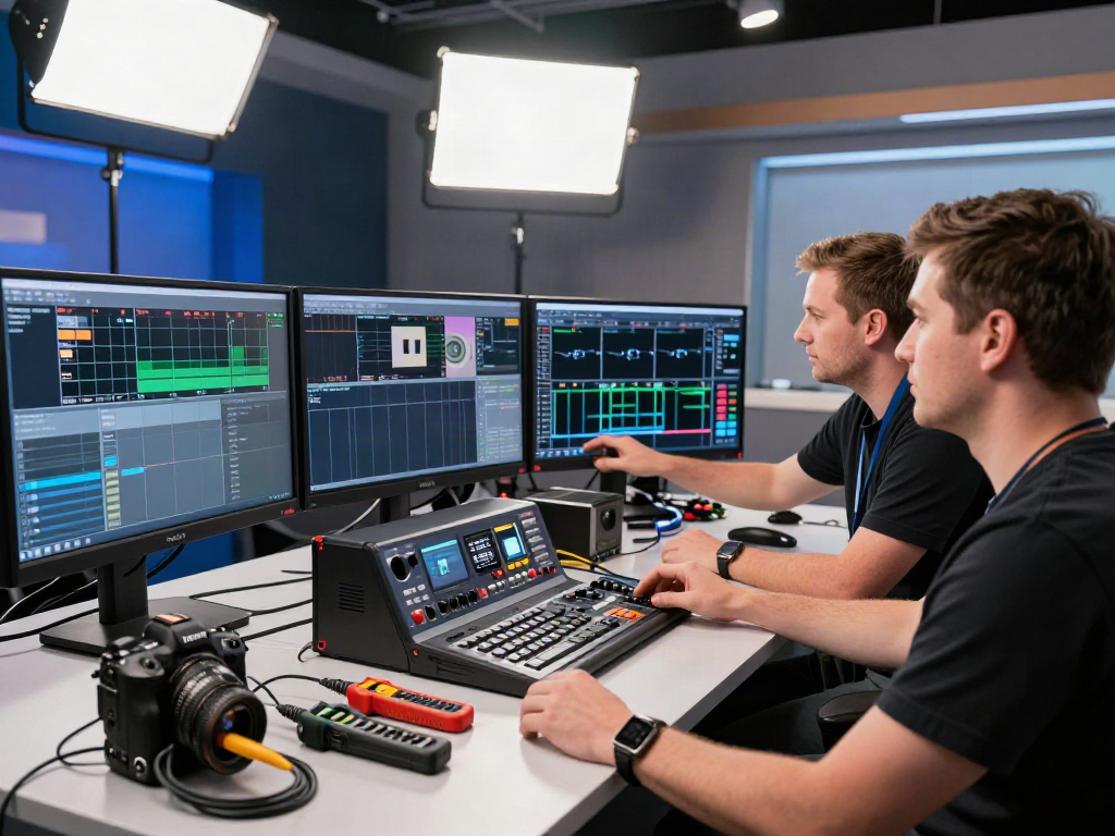 Techniciens ajustant l'équipement de télévision Iron TV Pro dans un studio moderne