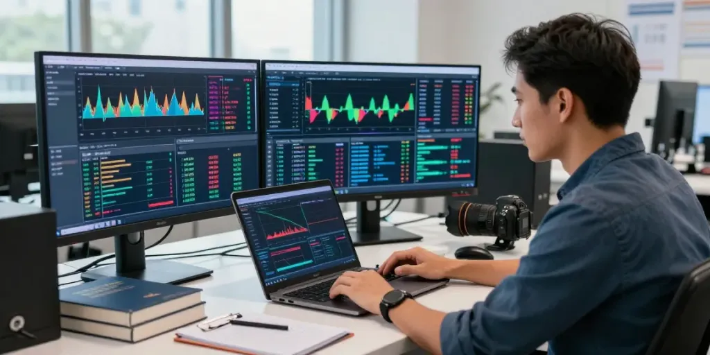 Trader utilisant la-essorinvexaro.com pour analyser des données sur plusieurs écrans dans un environnement moderne.