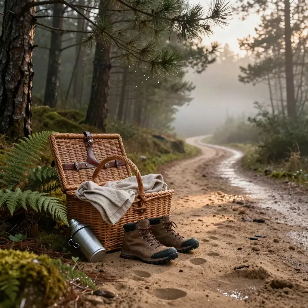 Panier de pique-nique, chaussures de marche et sentier forestier brumeux après la pluie.