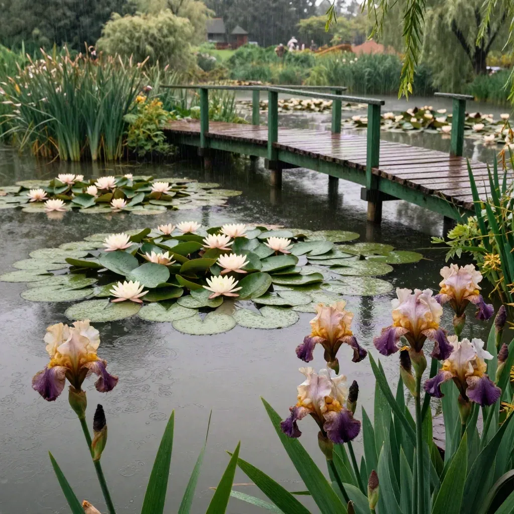 Étang aux nénuphars de Giverny après la pluie, passerelle verte et iris fanés.