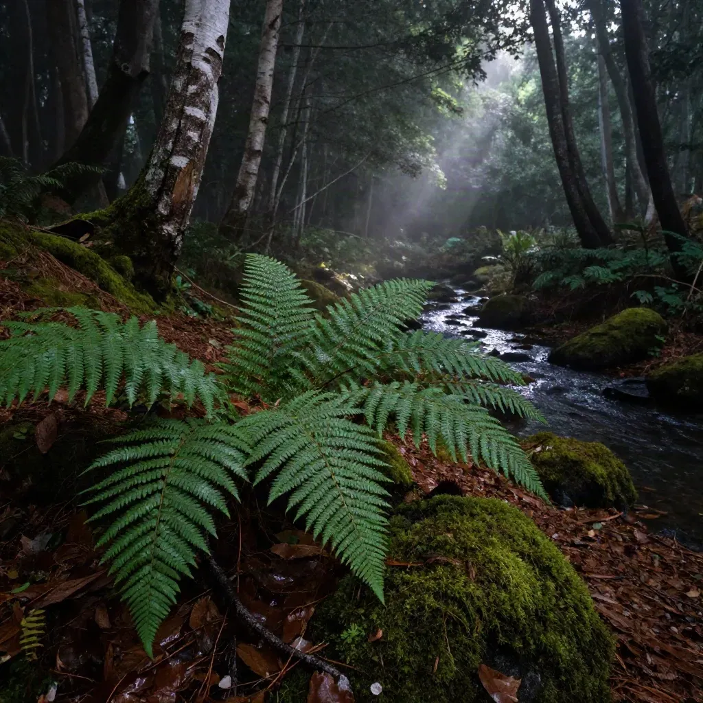 Sous-bois de hêtres frais avec fougères luisantes et mince filet d’eau sombre.