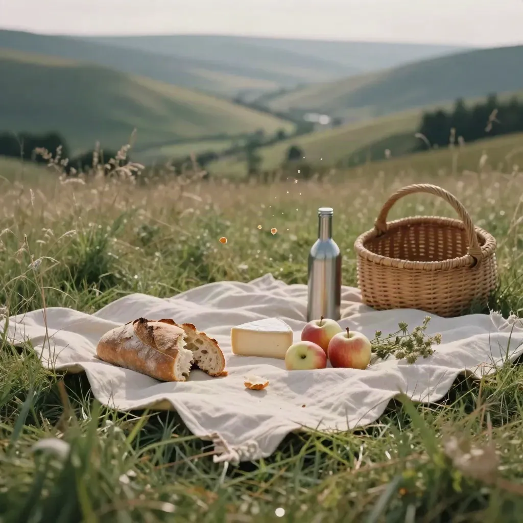 Pique-nique de vallée sur une nappe en lin avec pain, pommes, fromage et panier entrouvert.