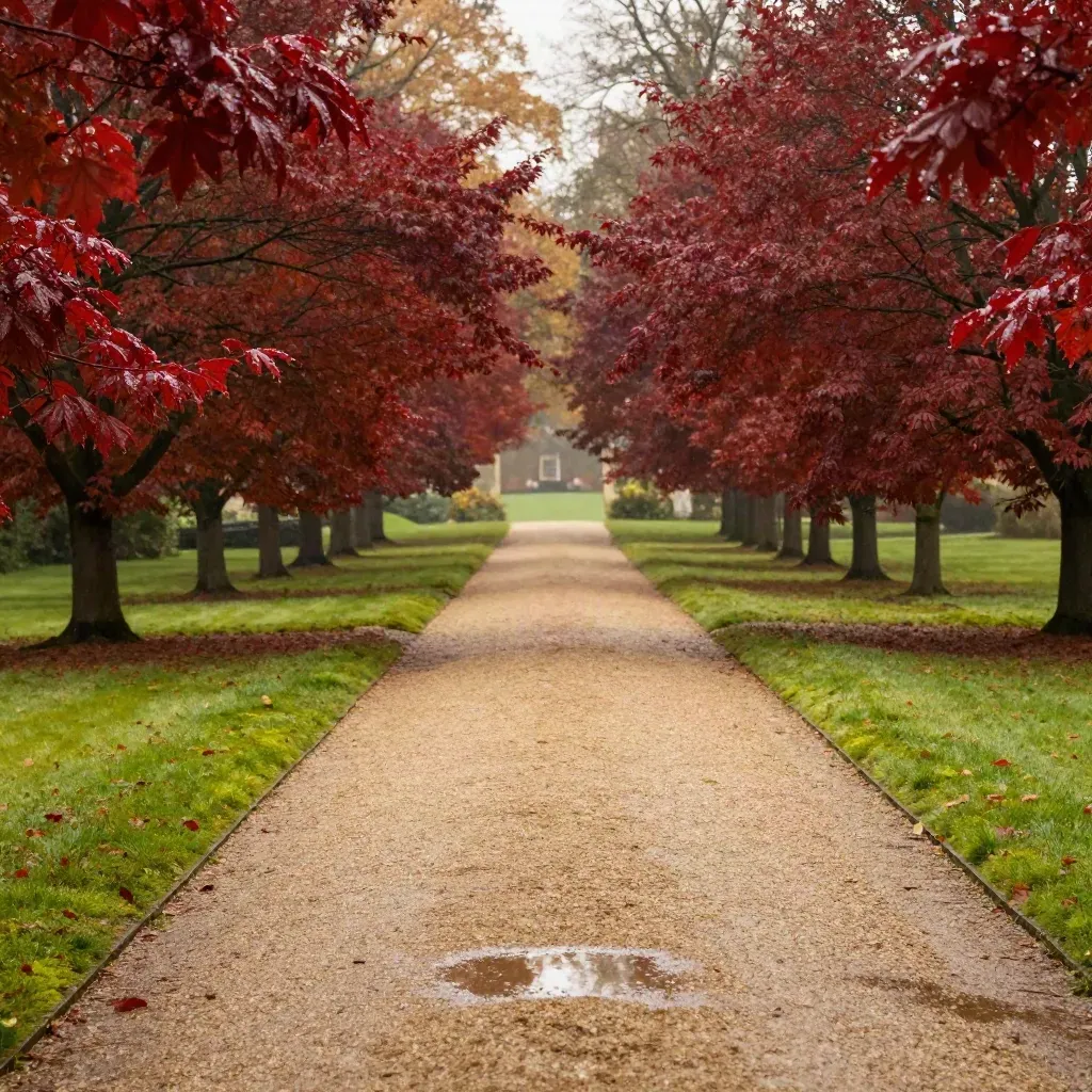 Allée gravillonnée d’un parc ancien en Anjou, érables roux et pelouse humide après la pluie.
