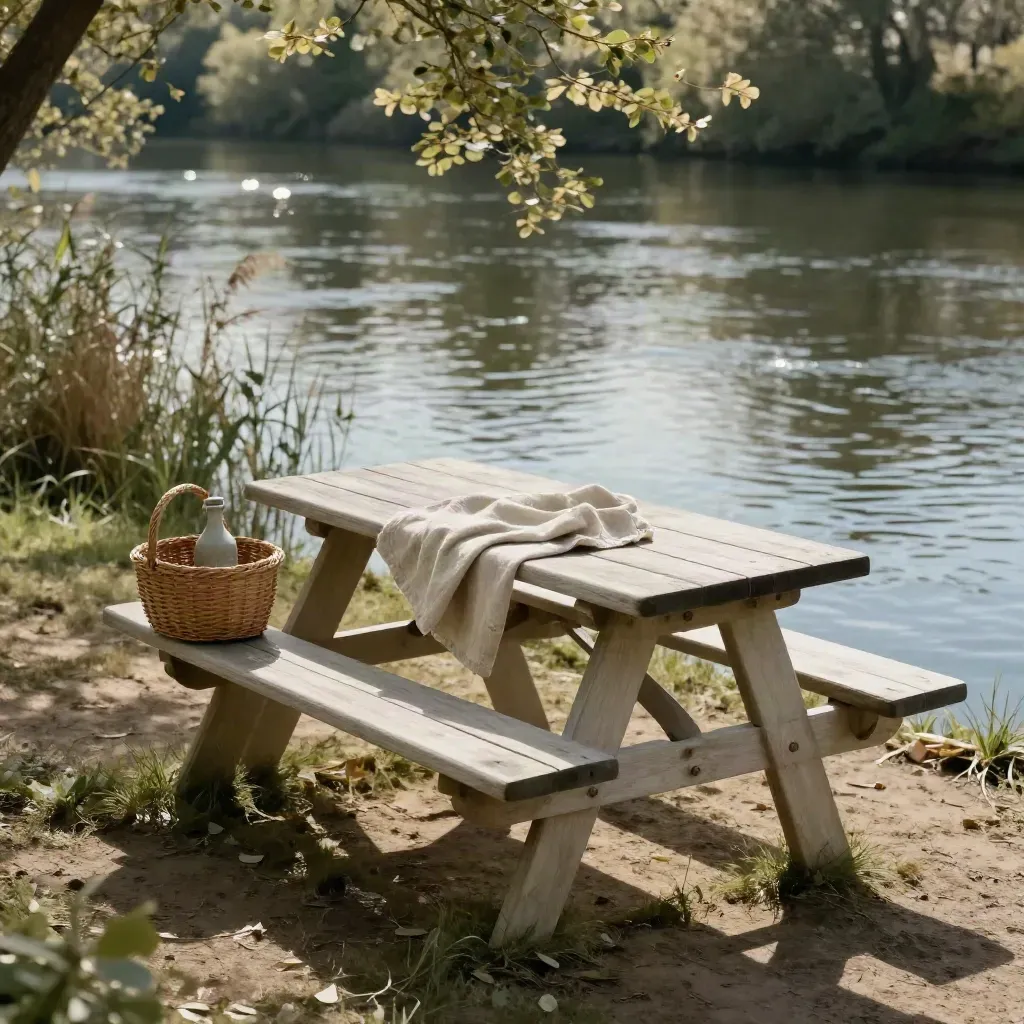 Banc de bois au bord de l’Erdre, table de pique-nique et nappe repliée sur eau calme.