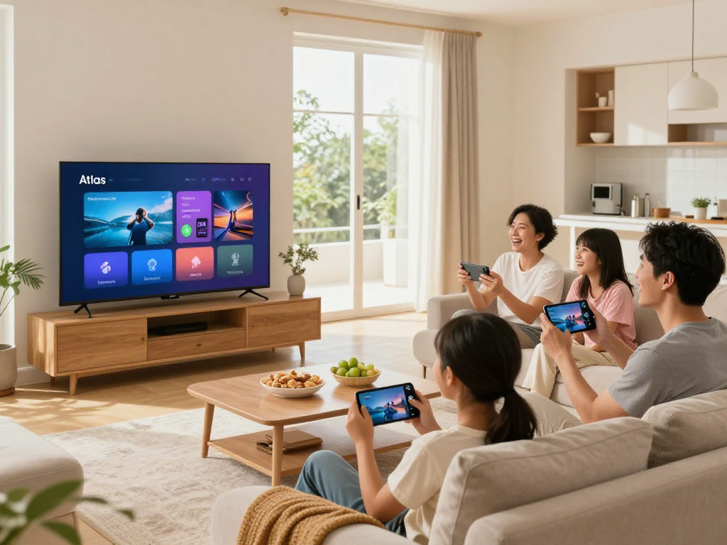 Famille profitant de l'Atlas pro ontv sur un téléviseur dans un salon moderne.