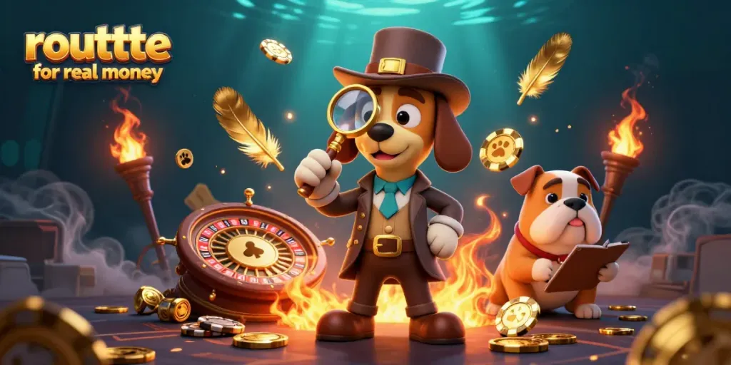 Engage with thrilling roulette for real money, featuring a detective and bulldog amidst gold coins and a roulette wheel.