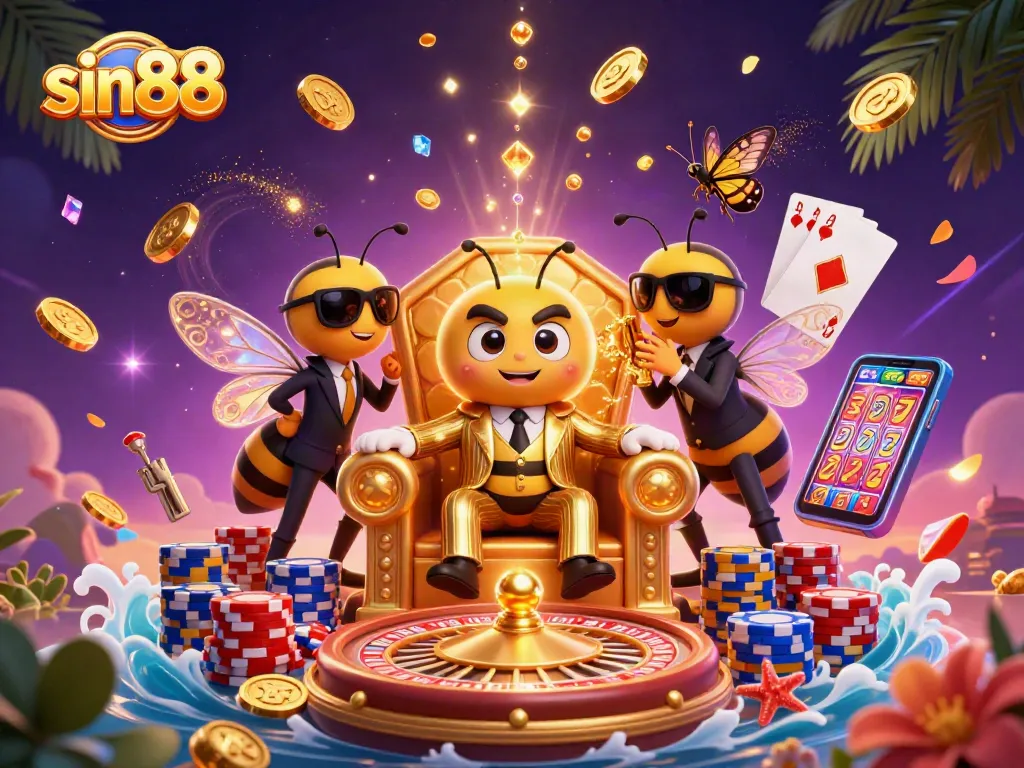 Experience the excitement of sin88 casino with a bustling scene of gaming elements and characters, including a mob boss.