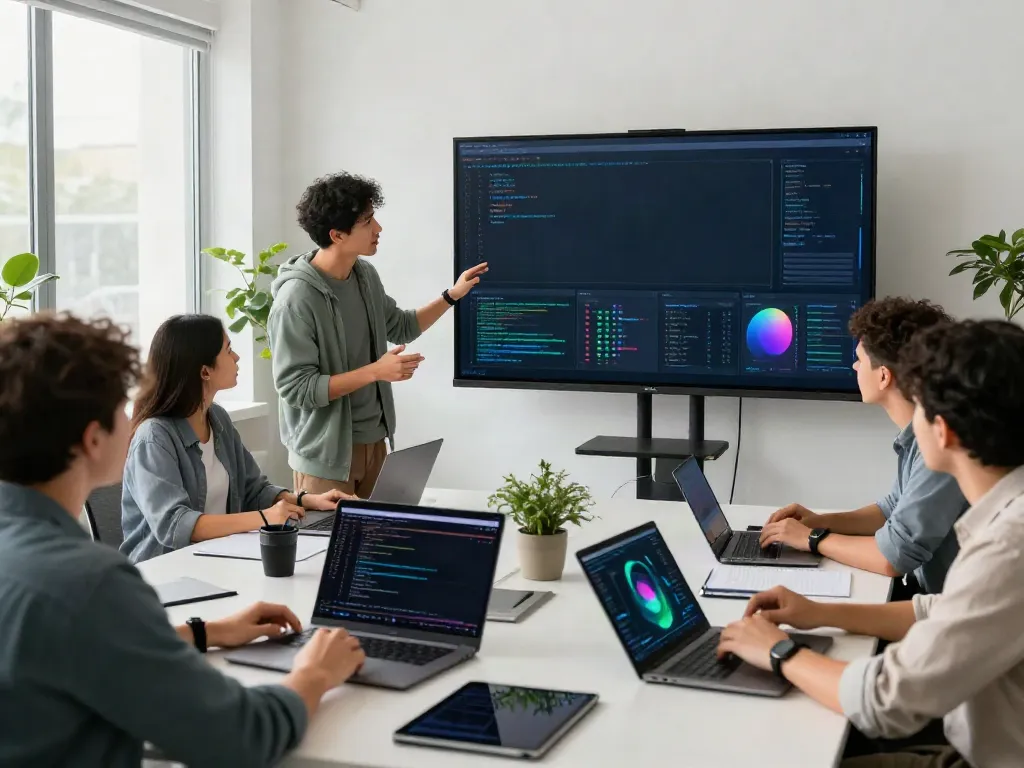 Collaborative AI development team engaged in unfiltered AI chat analysis in modern workspace.