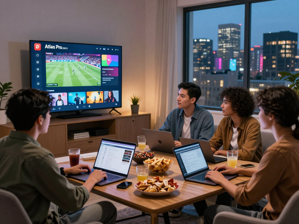 Utilisation de l'application Atlas Pro ONTV pour le divertissement à domicile avec des amis, montrant sa fonctionnalité.